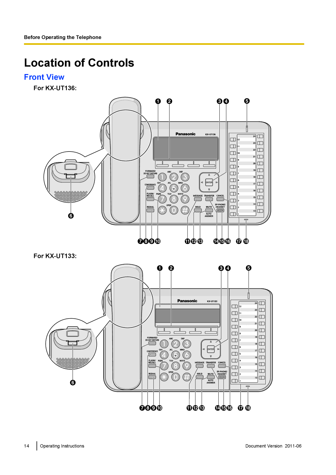 Panasonic KX-UT113, KX-UT123 manual Location of Controls, Front View, For KX-UT136, For KX-UT133 