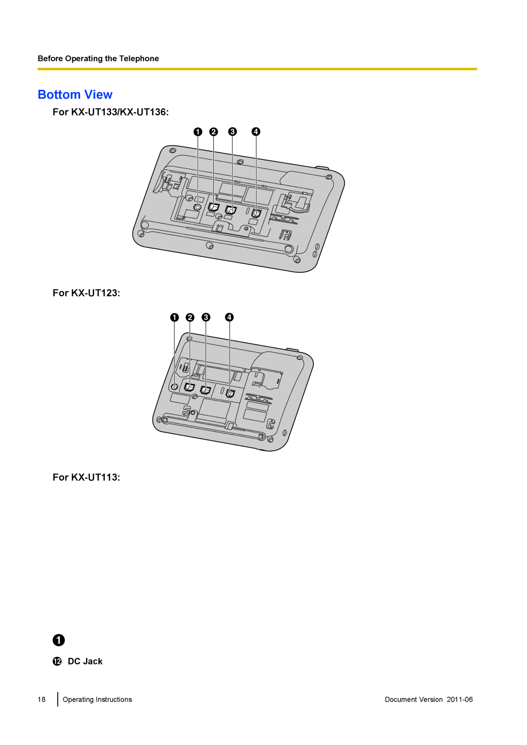 Panasonic manual Bottom View, For KX-UT133/KX-UT136, For KX-UT123, For KX-UT113, DC Jack 