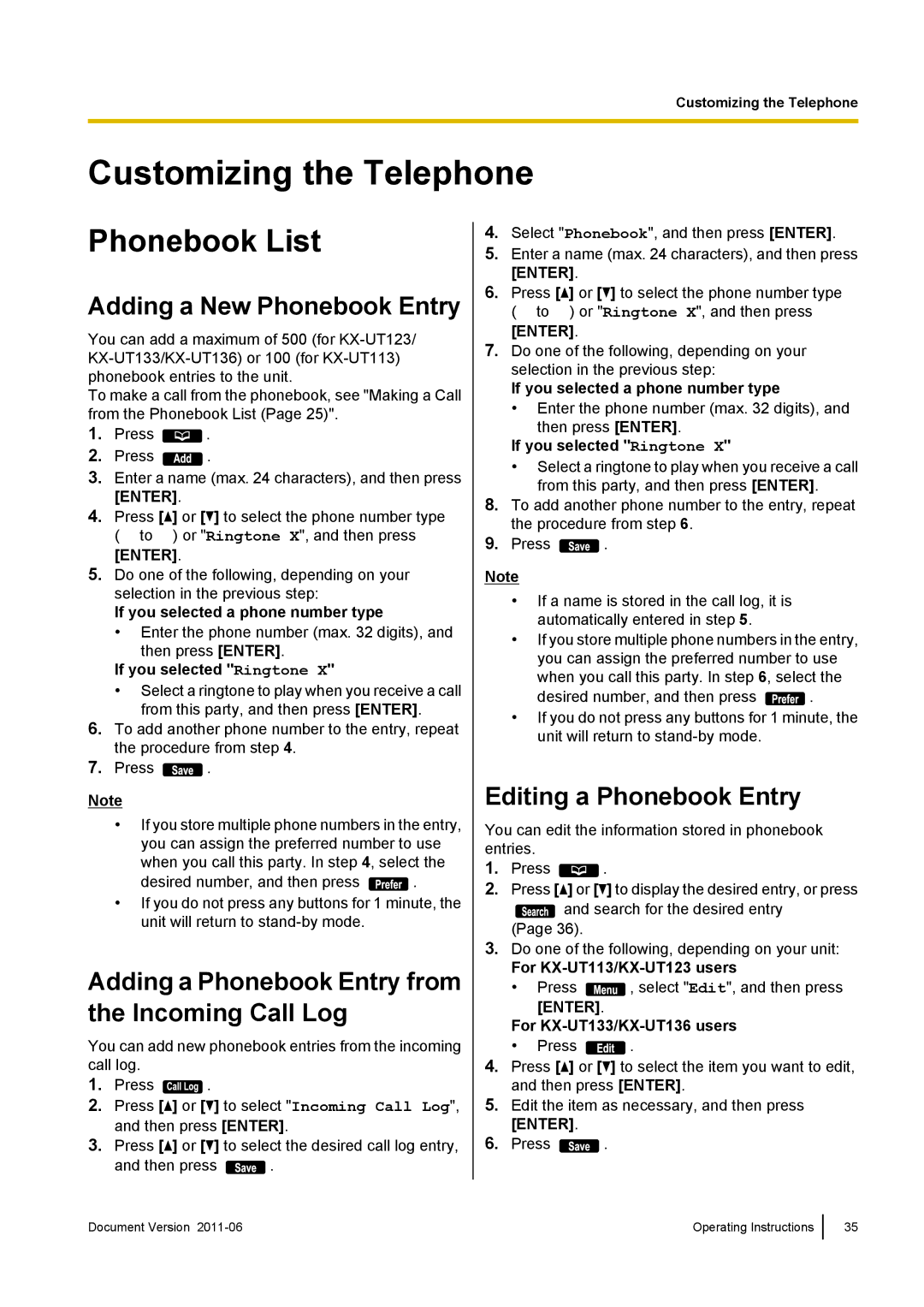 Panasonic KX-UT123 Customizing the Telephone, Phonebook List, Adding a New Phonebook Entry, Editing a Phonebook Entry 