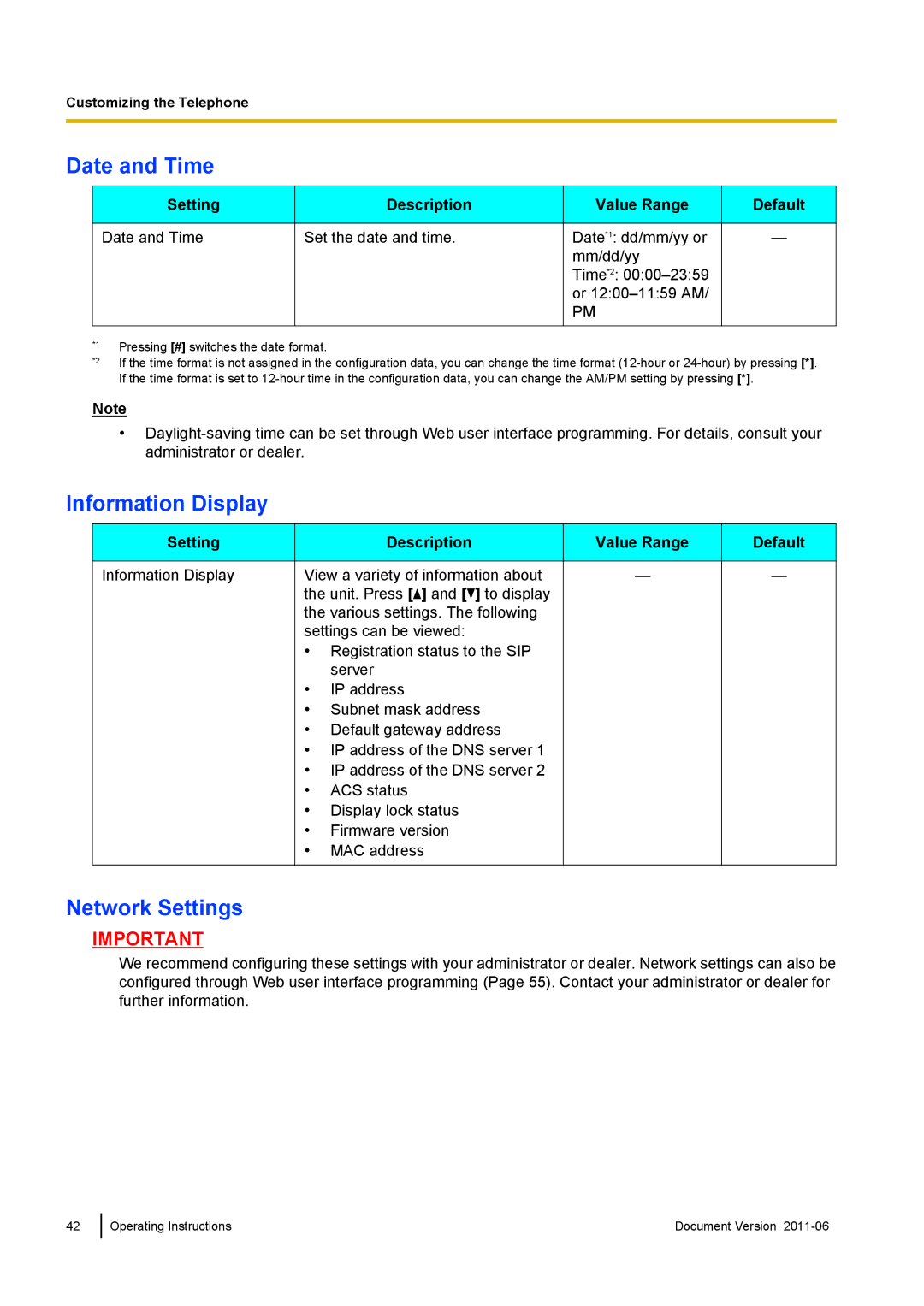 Panasonic KX-UT136, KX-UT133, KX-UT113, KX-UT123 Date and Time, Information Display, Network Settings, Value Range Default 