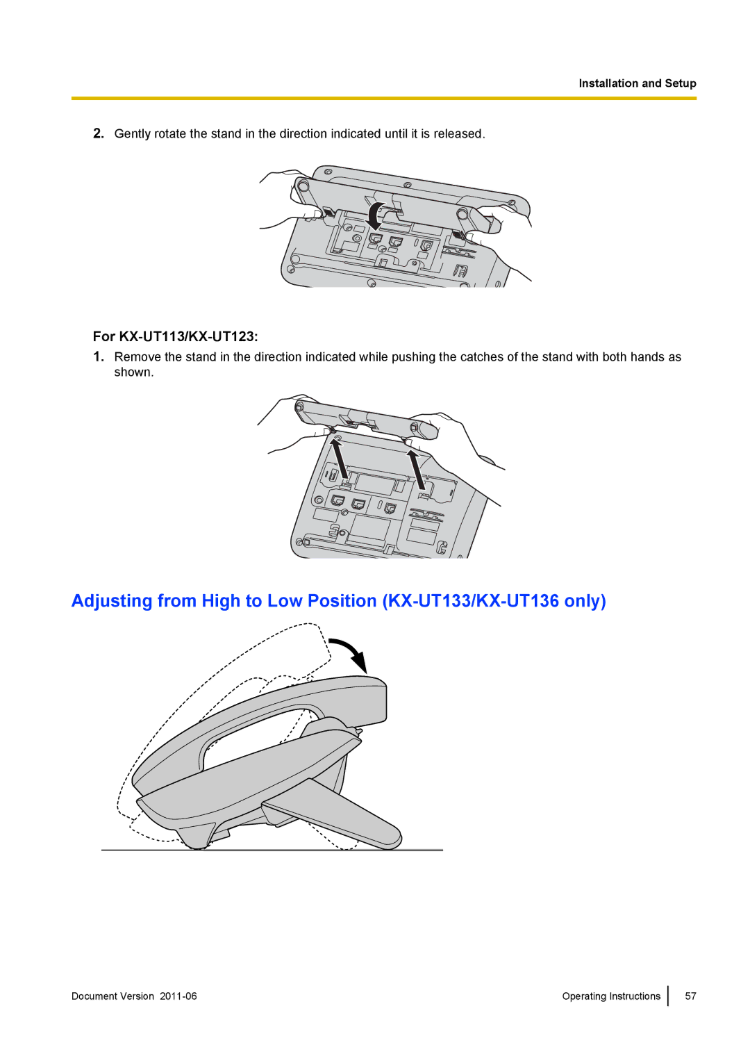 Panasonic KX-UT113, KX-UT123 manual Adjusting from High to Low Position KX-UT133/KX-UT136 only 