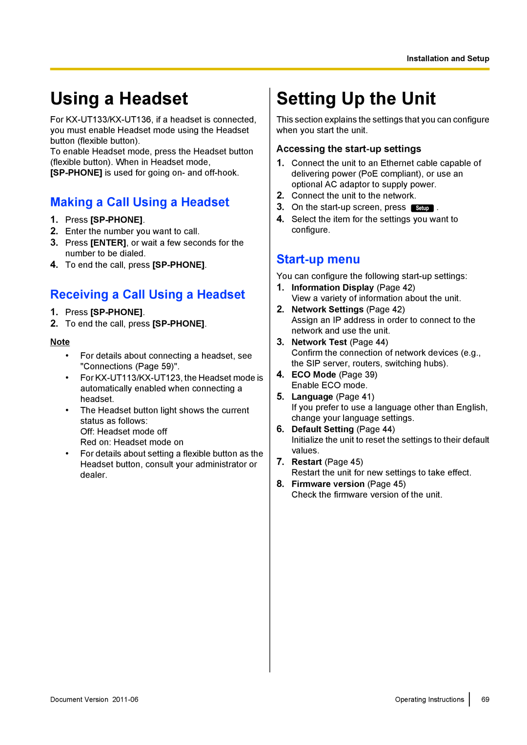 Panasonic KX-UT113 Setting Up the Unit, Making a Call Using a Headset, Receiving a Call Using a Headset, Start-up menu 