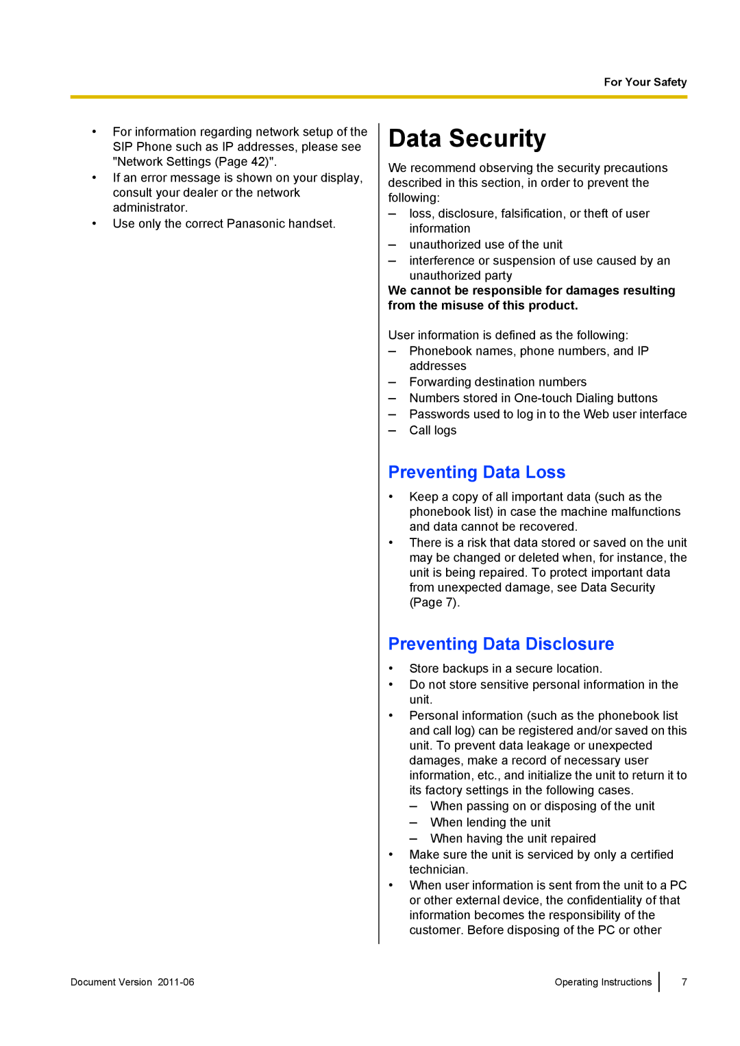 Panasonic KX-UT123, KX-UT133, KX-UT113, KX-UT136 manual Data Security, Preventing Data Loss, Preventing Data Disclosure 