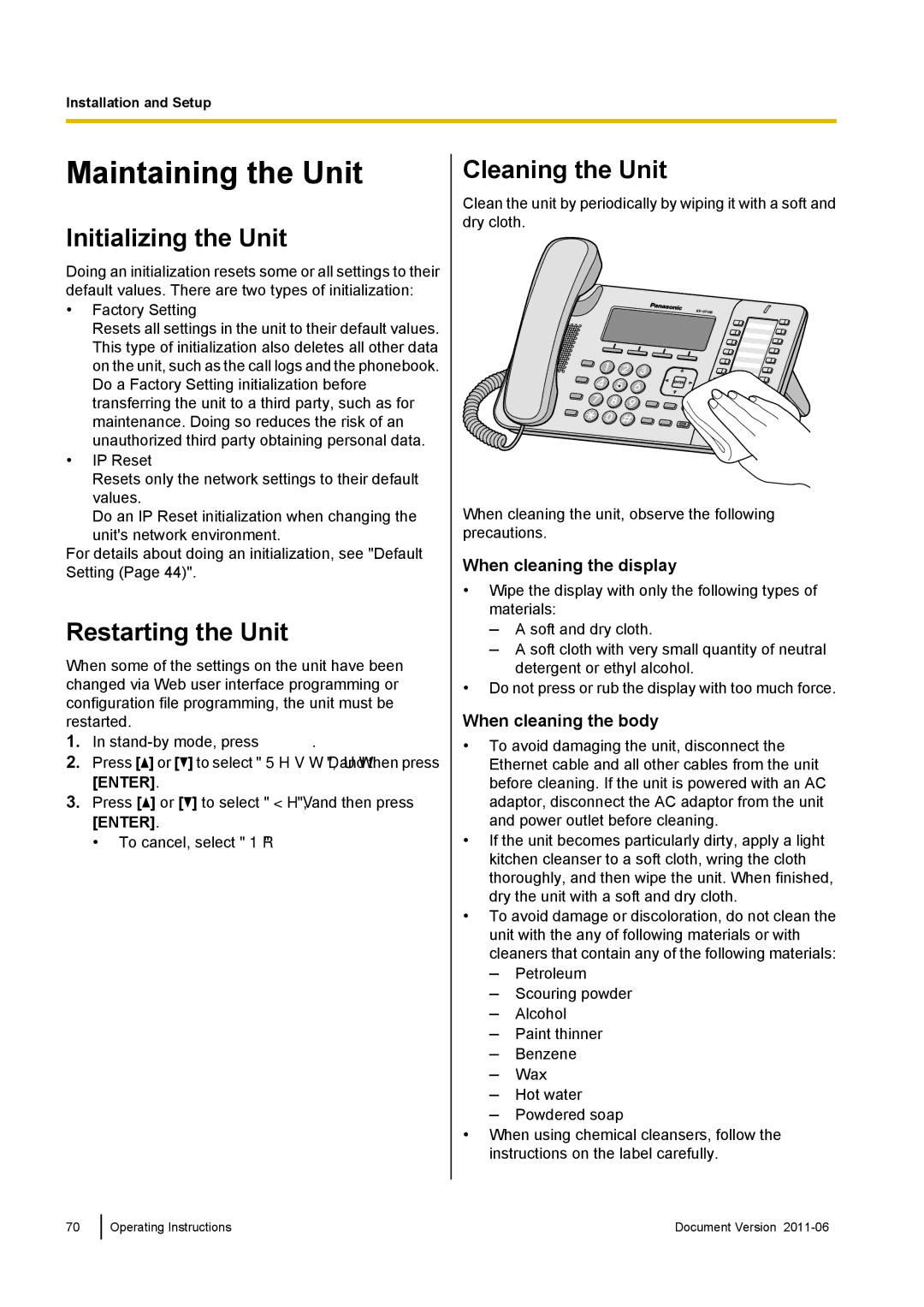 Panasonic KX-UT136, KX-UT133, KX-UT113 Maintaining the Unit, Initializing the Unit, Restarting the Unit, Cleaning the Unit 