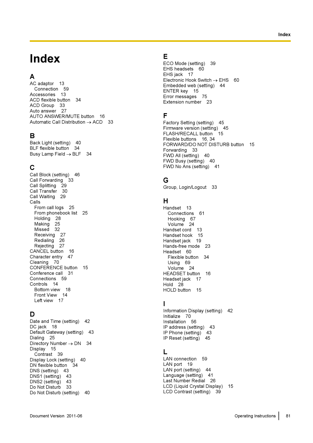 Panasonic KX-UT113, KX-UT133, KX-UT136, KX-UT123 manual Index 