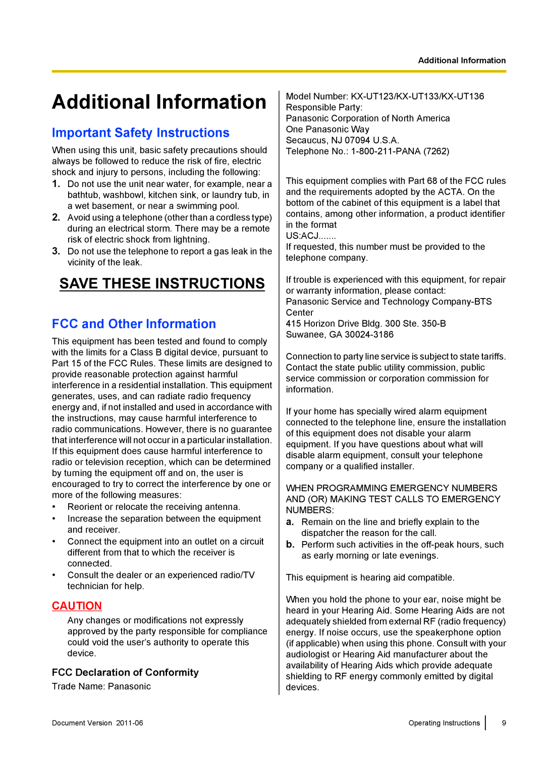 Panasonic KX-UT113, KX-UT133, KX-UT136 Additional Information, Important Safety Instructions, FCC and Other Information 