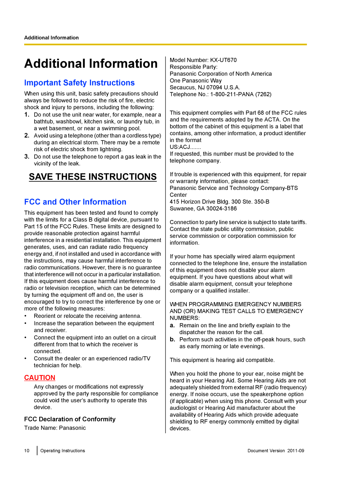 Panasonic KX-UT670 operating instructions Additional Information, Important Safety Instructions, FCC and Other Information 