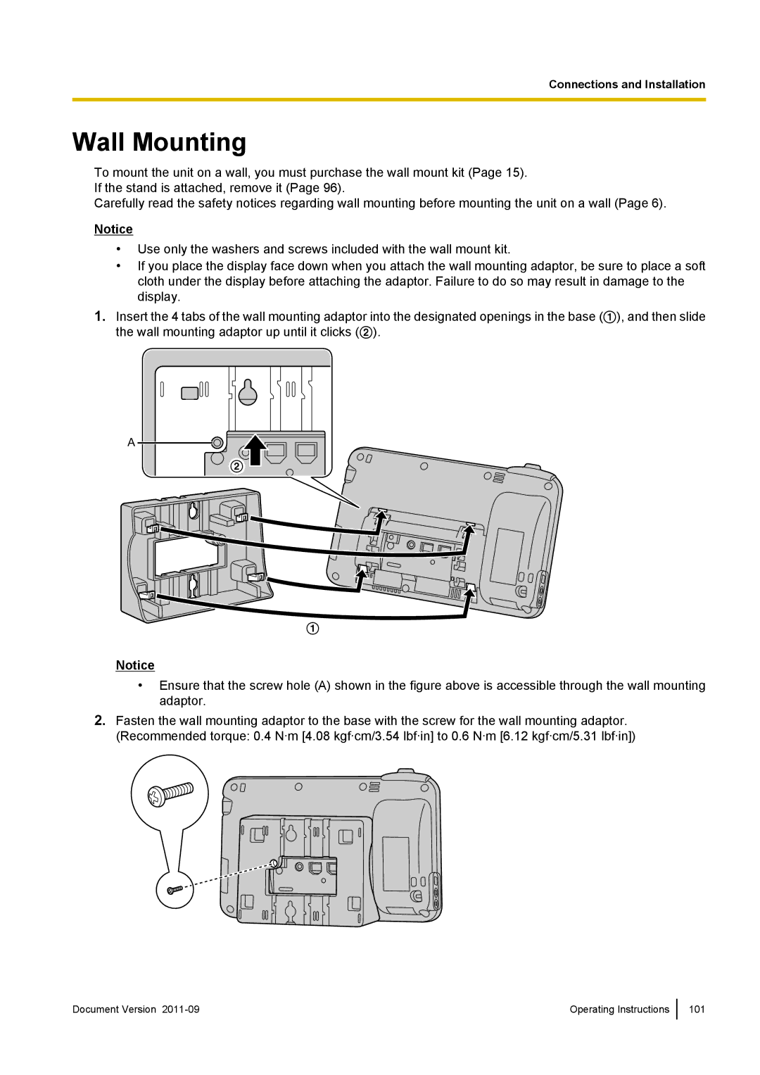 Panasonic KX-UT670 operating instructions Wall Mounting 