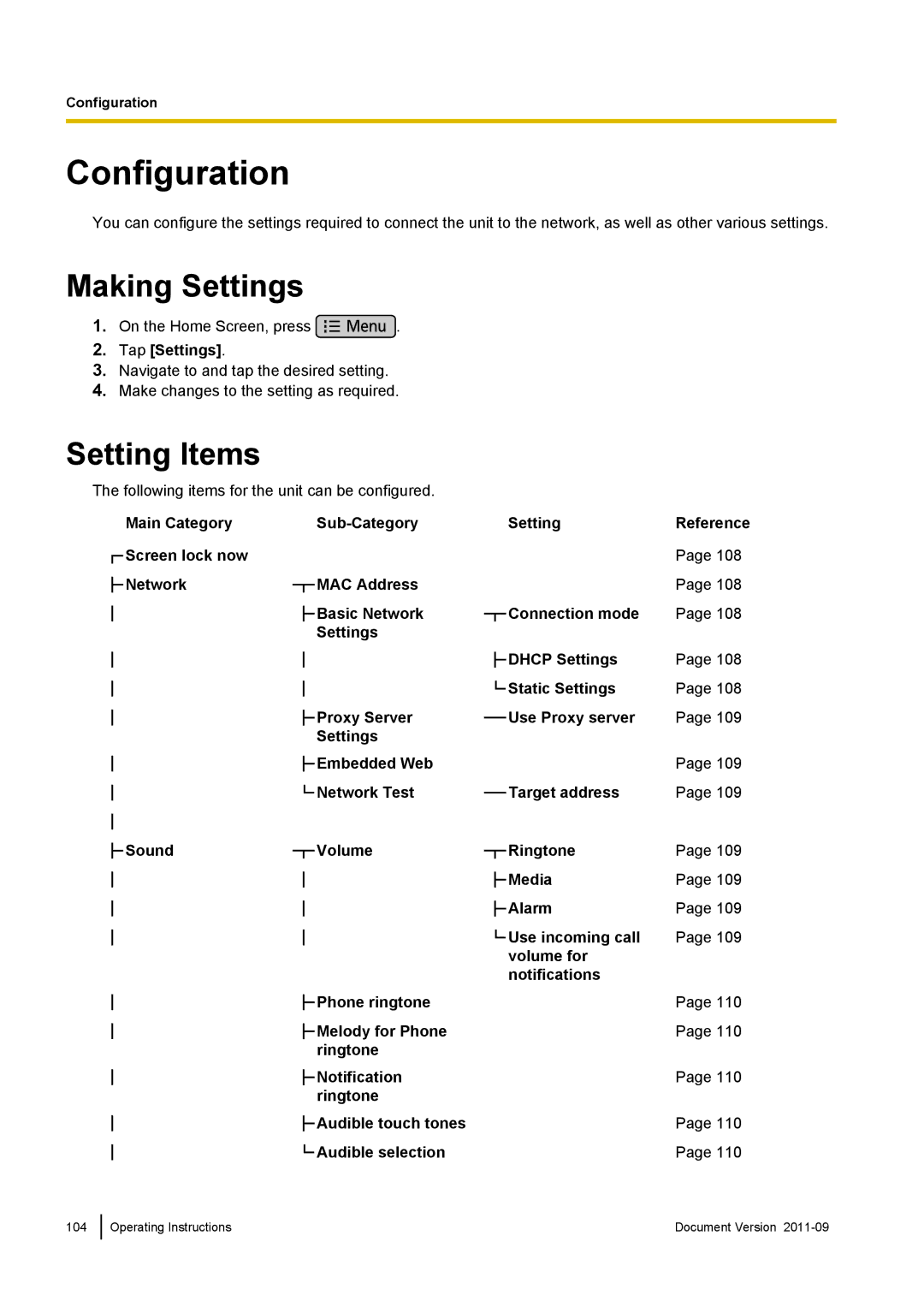 Panasonic KX-UT670 operating instructions Configuration, Making Settings, Setting Items 