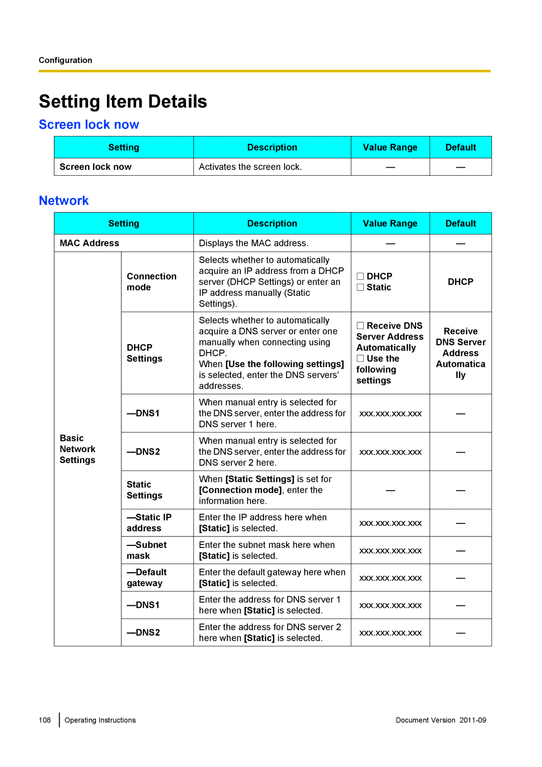 Panasonic KX-UT670 operating instructions Setting Item Details, Screen lock now, Network 