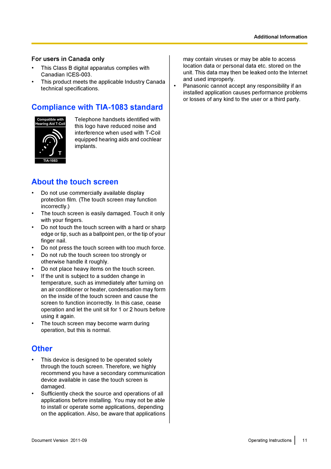 Panasonic KX-UT670 Compliance with TIA-1083 standard, About the touch screen, Other, For users in Canada only 