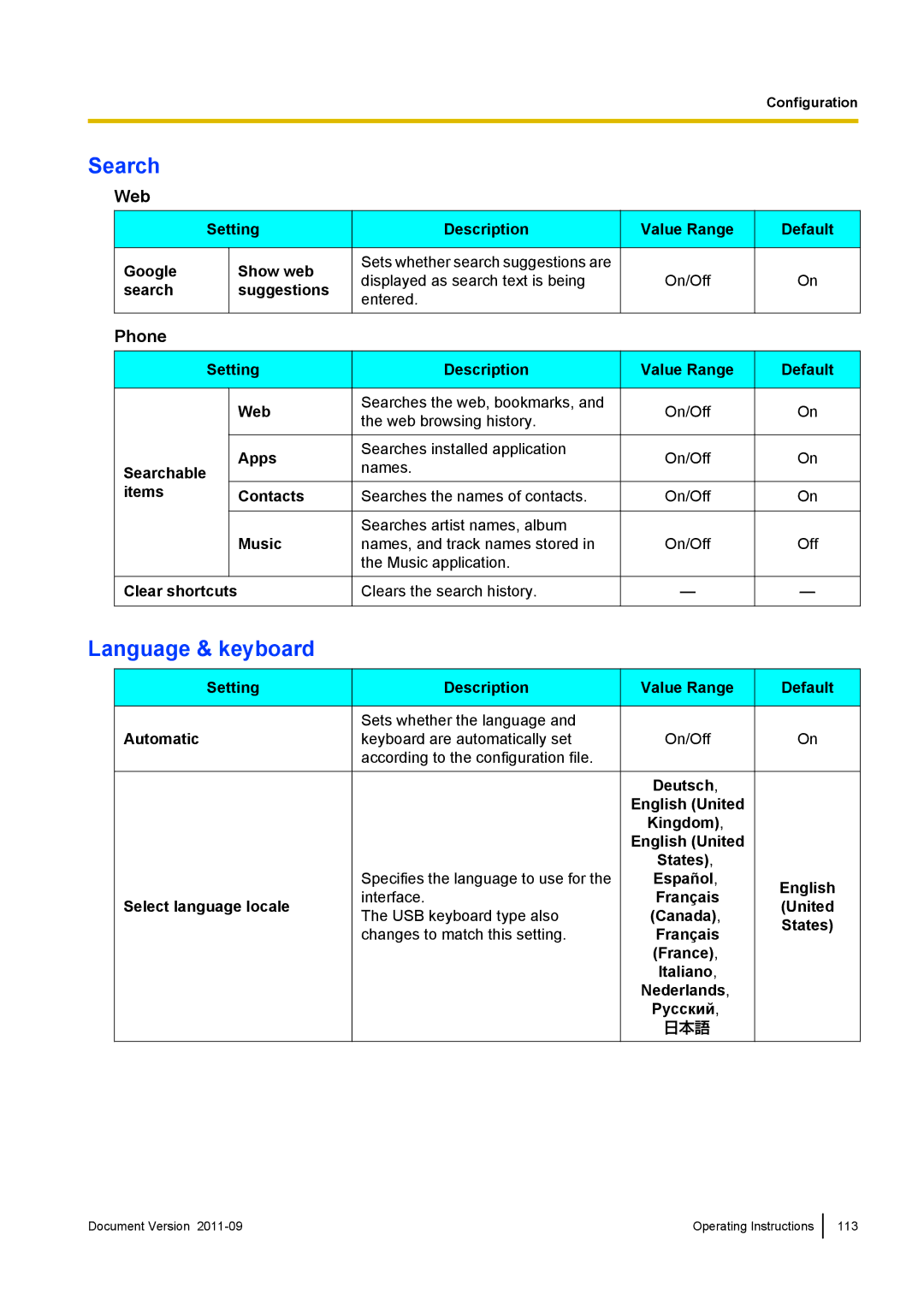 Panasonic KX-UT670 operating instructions Search, Language & keyboard, Web, Phone 