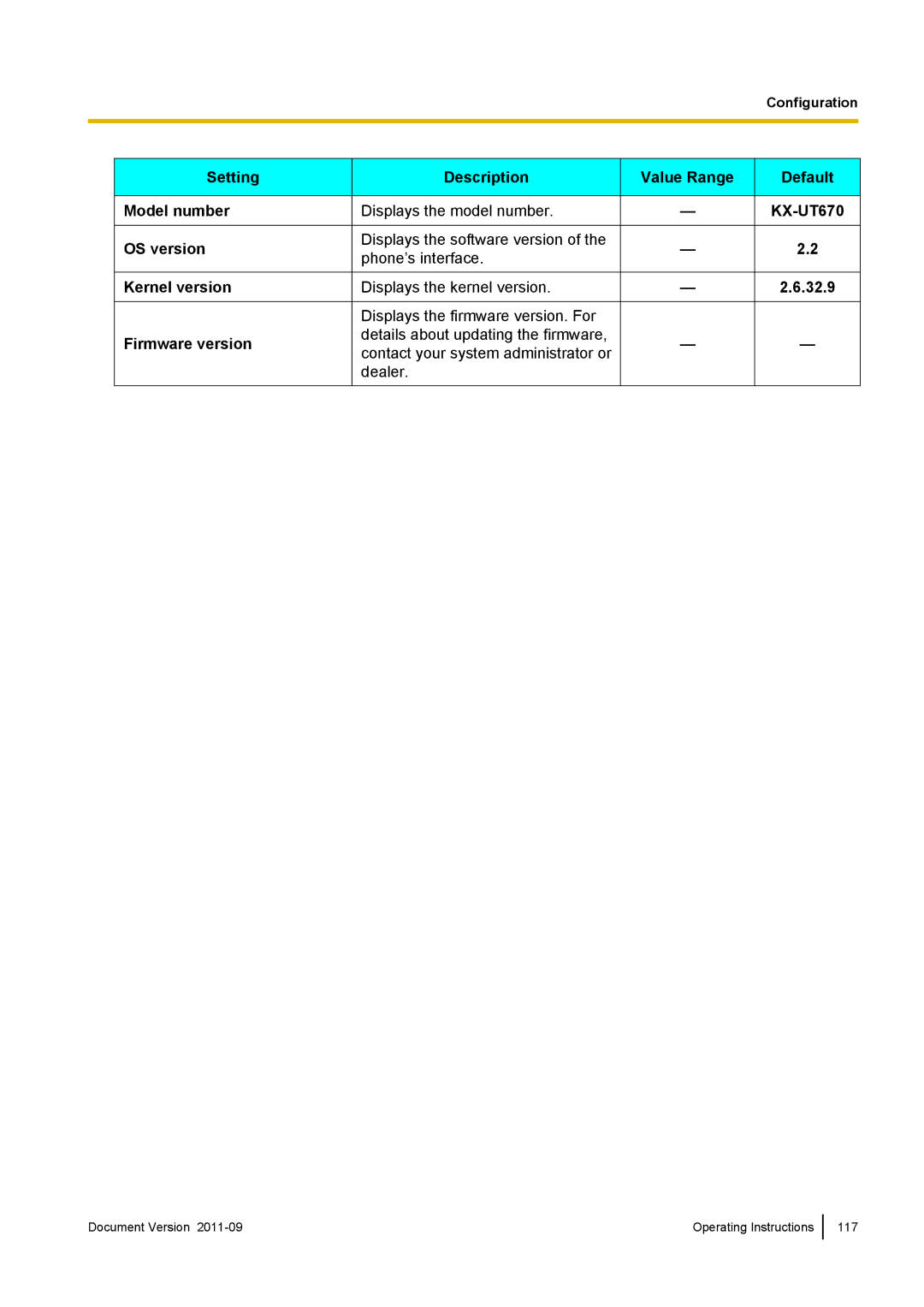 Panasonic operating instructions Value Range Default KX-UT670 32.9 