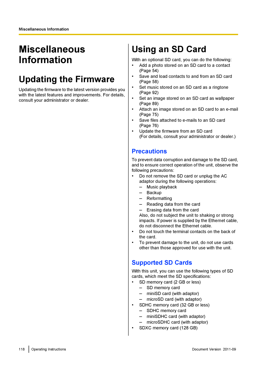 Panasonic KX-UT670 Miscellaneous Information, Updating the Firmware, Using an SD Card, Precautions, Supported SD Cards 