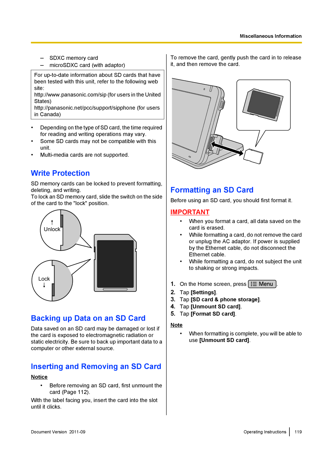 Panasonic KX-UT670 Write Protection, Backing up Data on an SD Card, Inserting and Removing an SD Card 