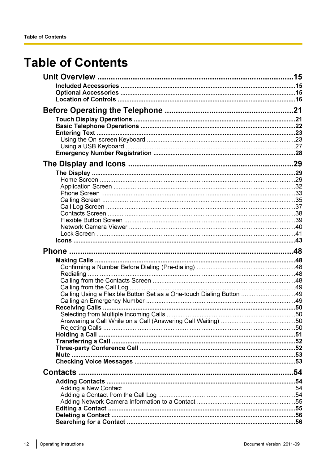 Panasonic KX-UT670 operating instructions Table of Contents 