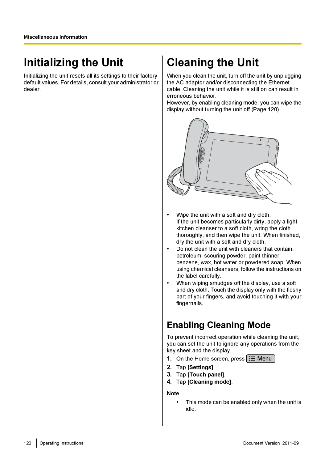 Panasonic KX-UT670 operating instructions Initializing the Unit, Cleaning the Unit, Enabling Cleaning Mode 