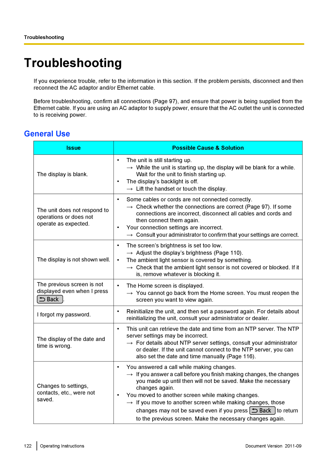 Panasonic KX-UT670 operating instructions Troubleshooting, General Use, Issue, Possible Cause & Solution 