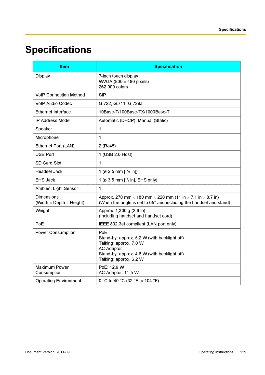 Panasonic KX-UT670 operating instructions Specifications 