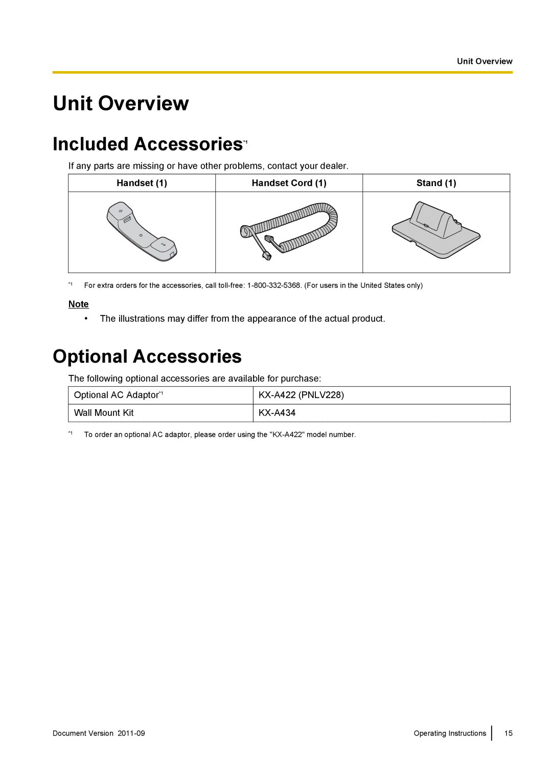 Panasonic KX-UT670 Unit Overview, Included Accessories*1, Optional Accessories, Handset Handset Cord Stand 