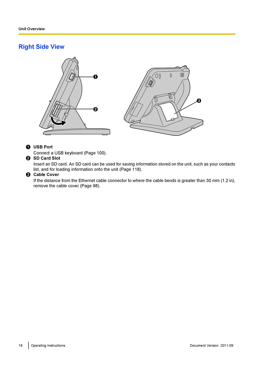 Panasonic KX-UT670 operating instructions Right Side View, USB Port, SD Card Slot, Cable Cover 