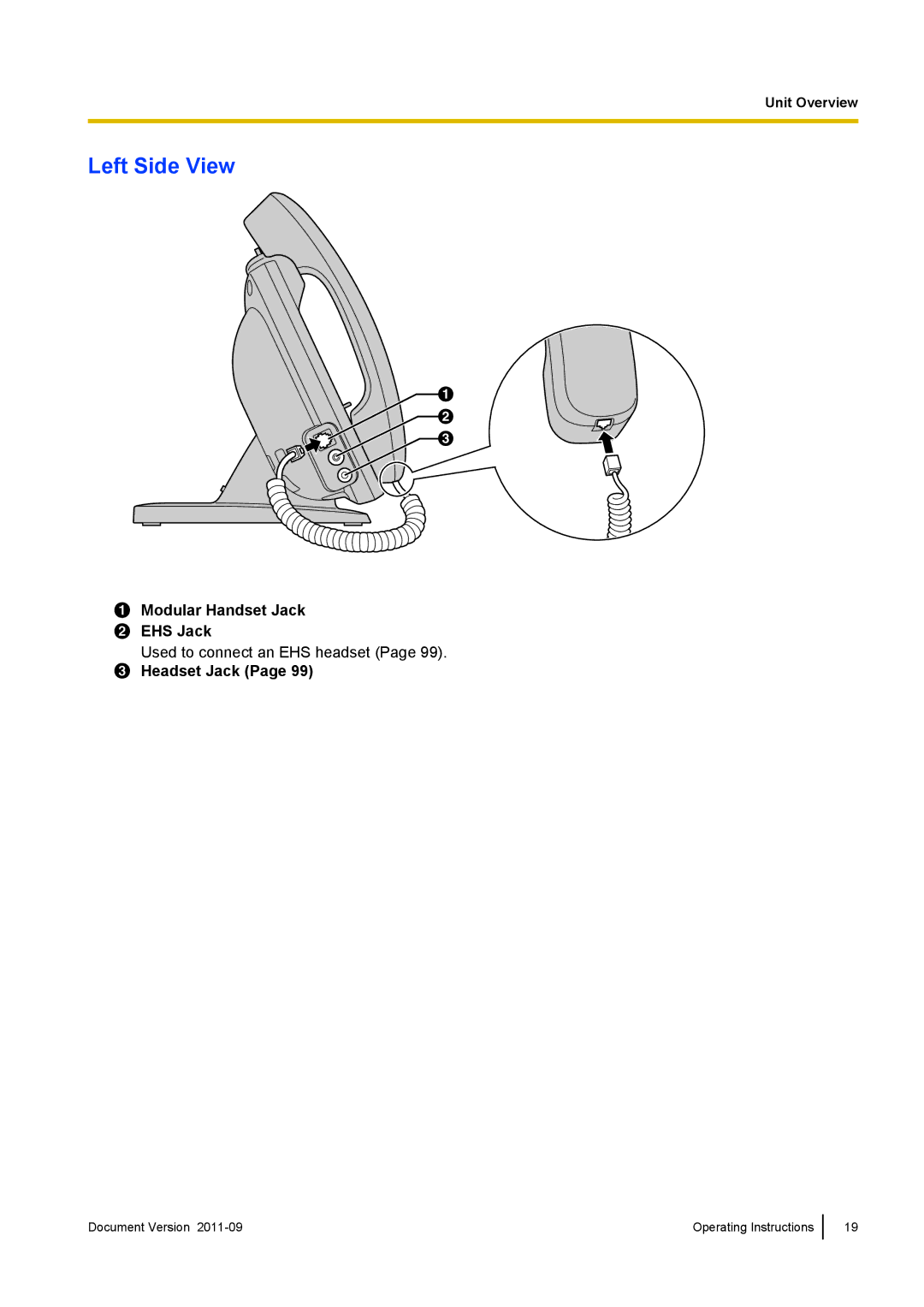 Panasonic KX-UT670 operating instructions Left Side View, Modular Handset Jack EHS Jack, Headset Jack 