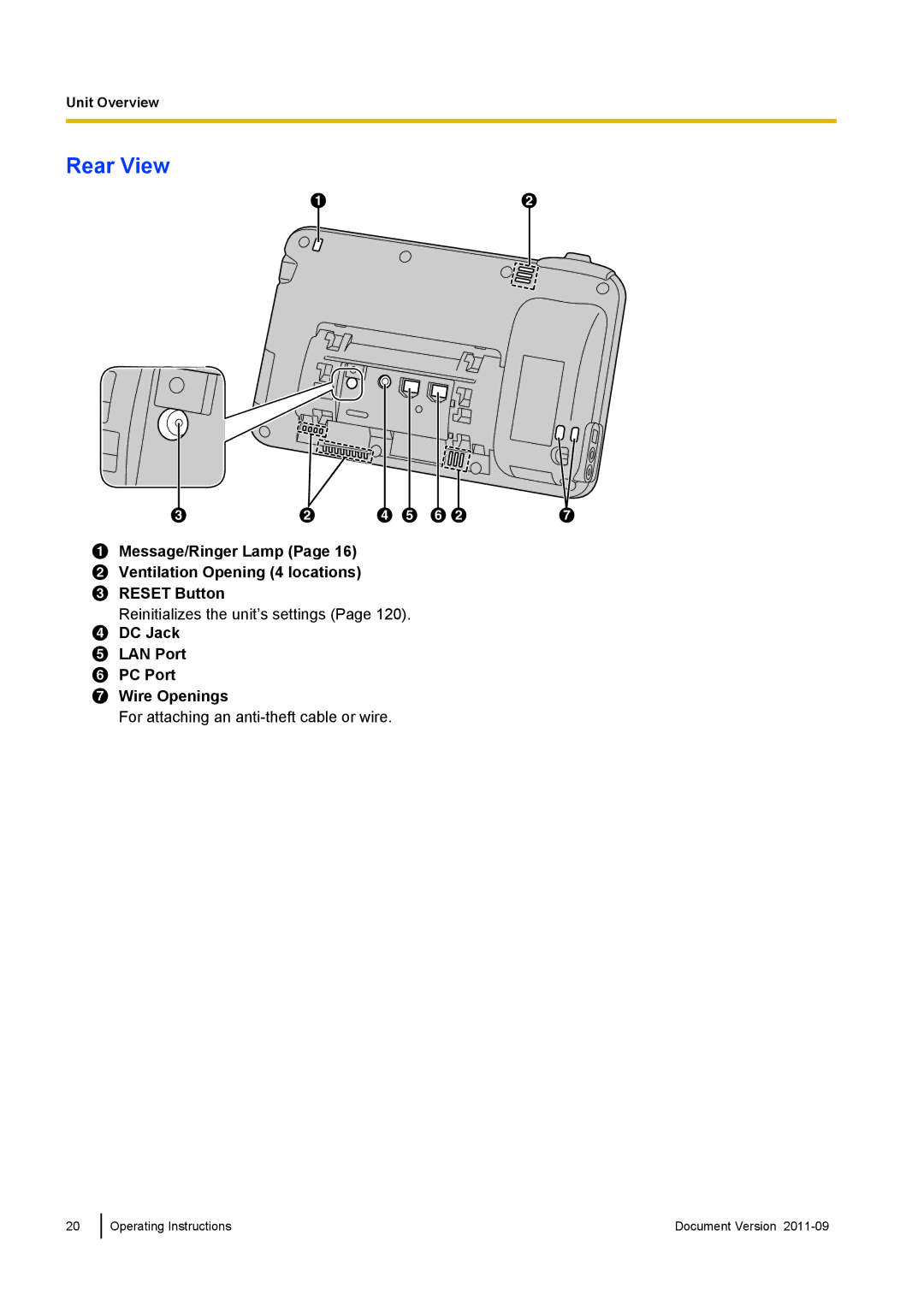 Panasonic KX-UT670 operating instructions Rear View, DC Jack LAN Port PC Port Wire Openings 