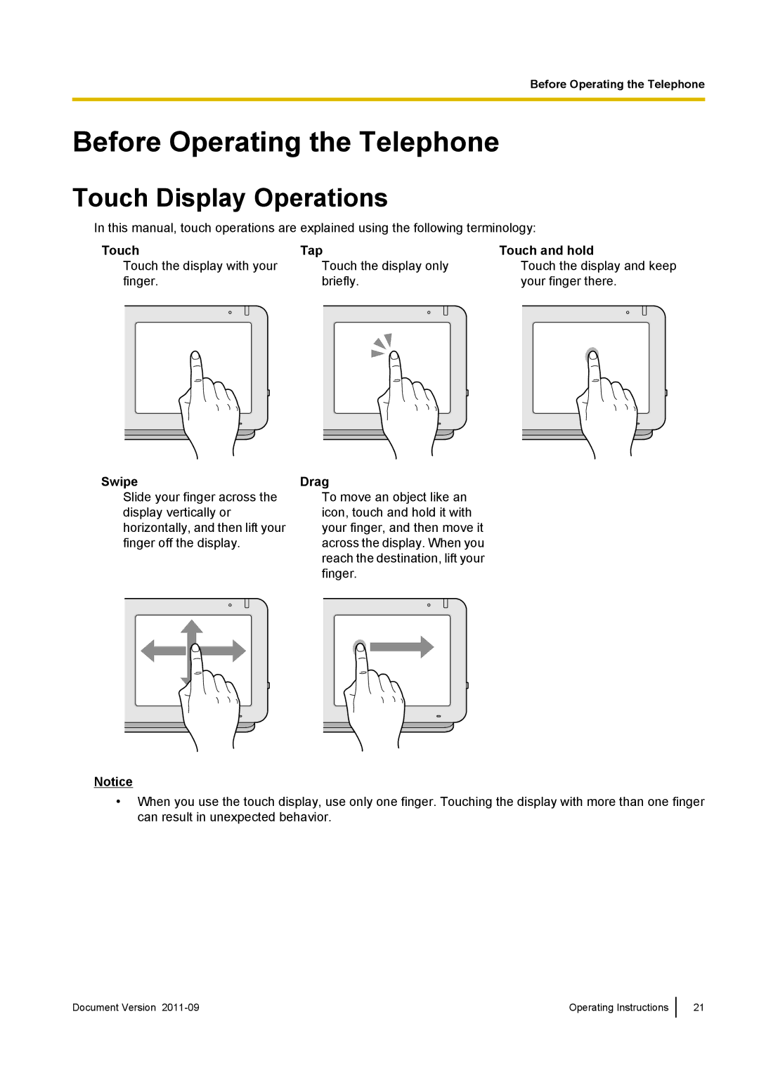 Panasonic KX-UT670 Before Operating the Telephone, Touch Display Operations, Touch Tap Touch and hold, Swipe, Drag 