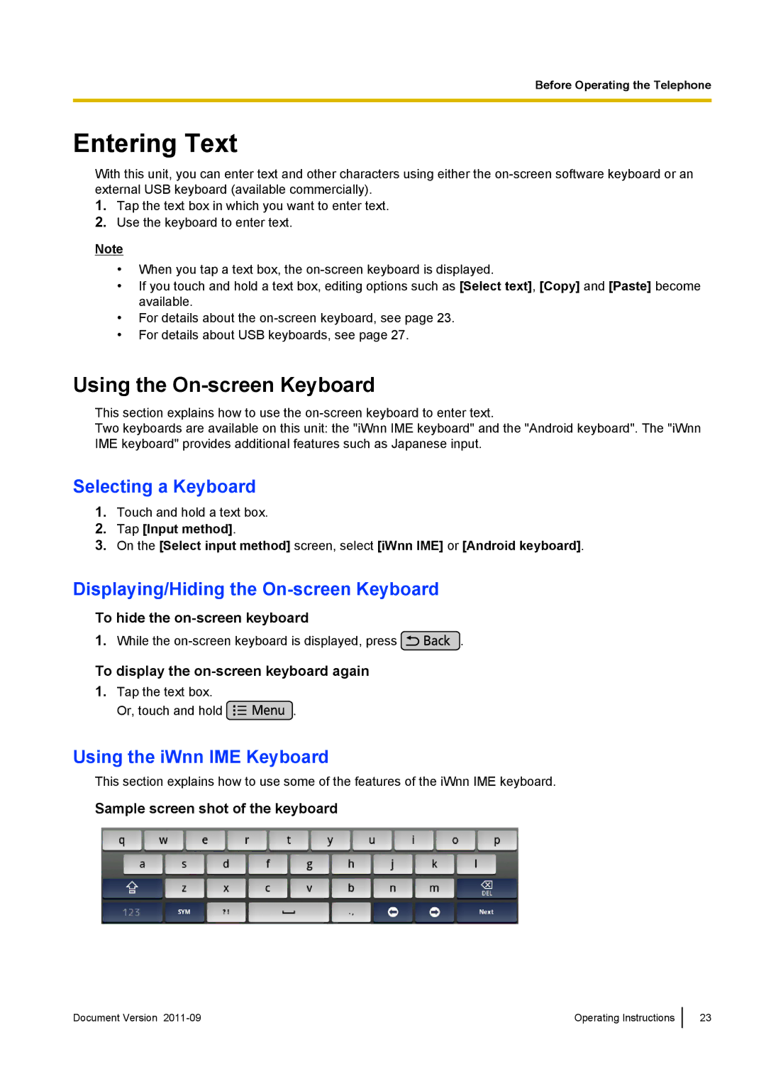 Panasonic KX-UT670 Entering Text, Using the On-screen Keyboard, Selecting a Keyboard, Using the iWnn IME Keyboard 