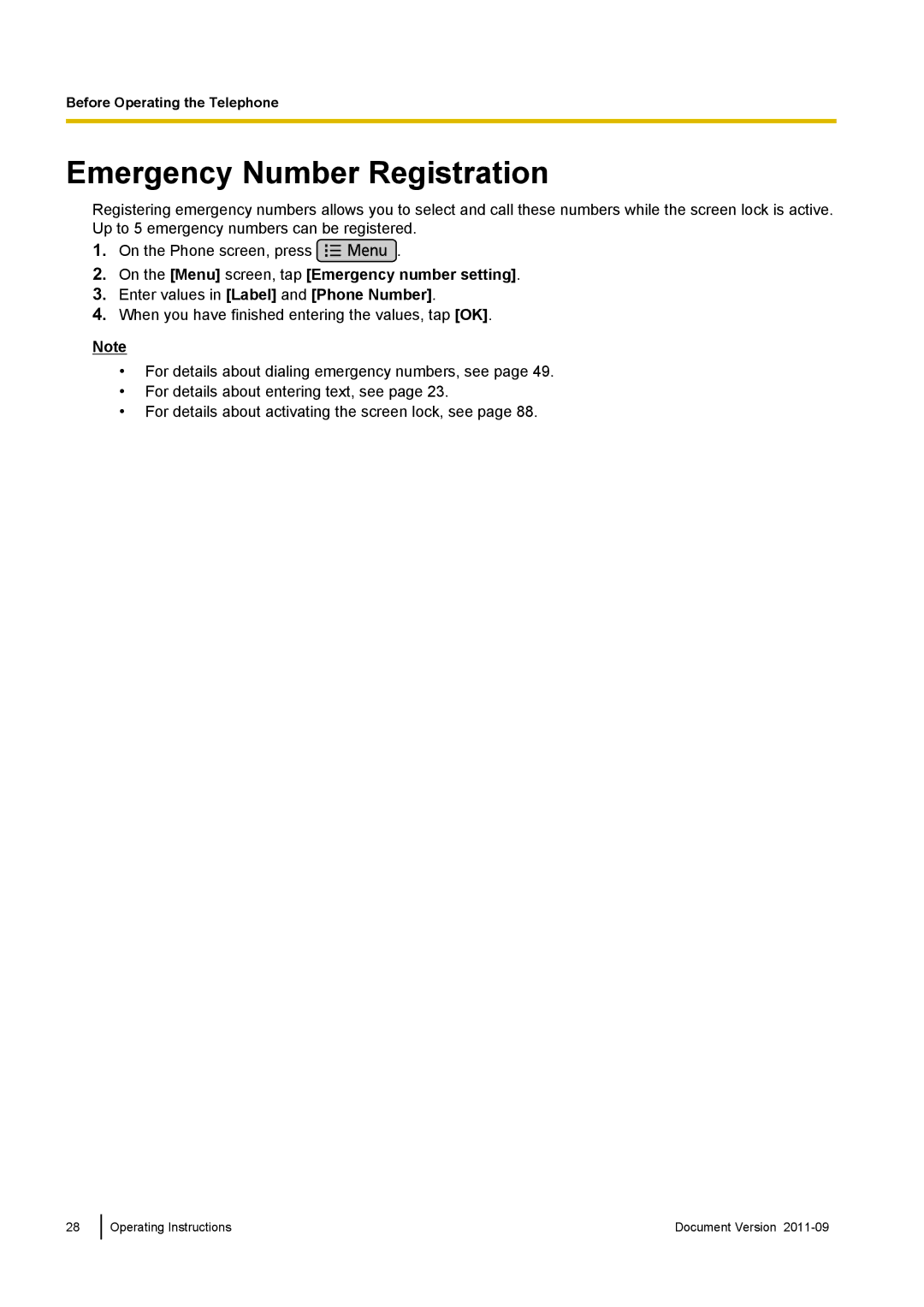 Panasonic KX-UT670 operating instructions Emergency Number Registration 