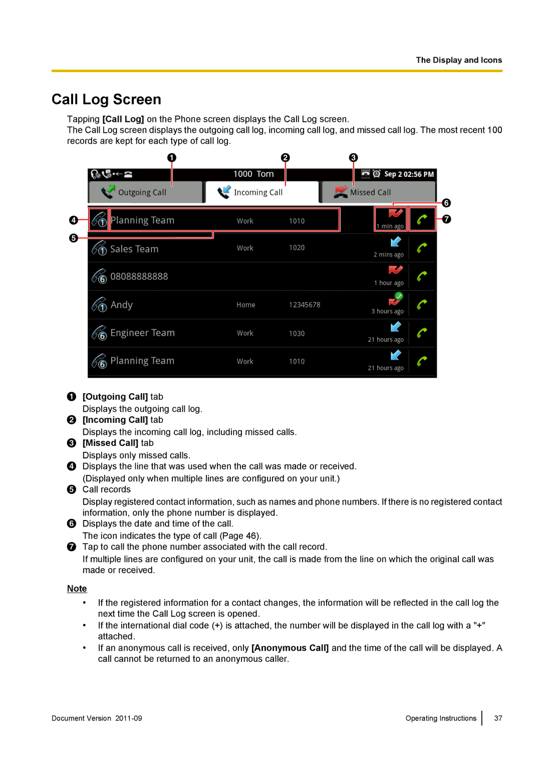 Panasonic KX-UT670 operating instructions Call Log Screen, Outgoing Call tab 