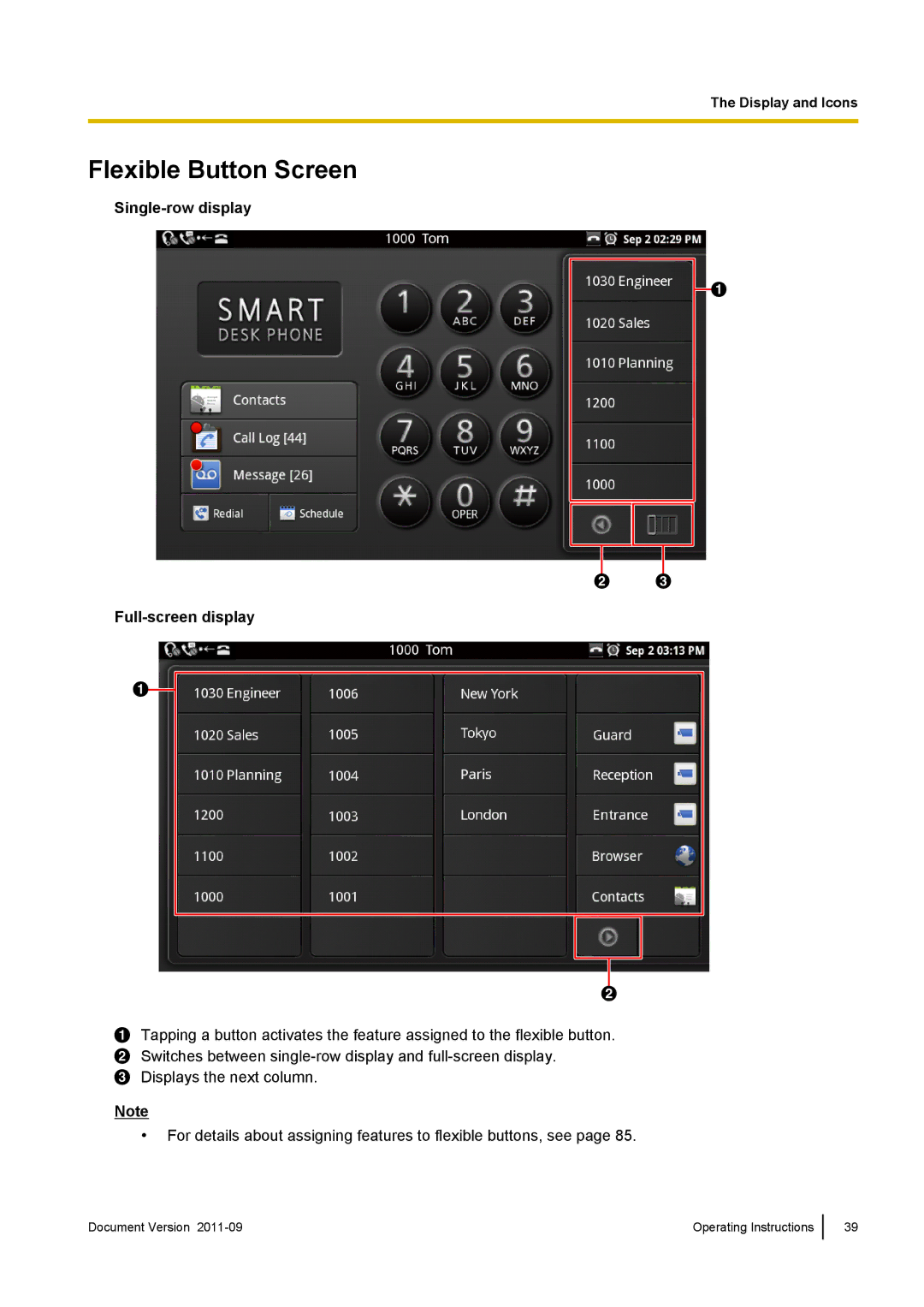 Panasonic KX-UT670 operating instructions Flexible Button Screen, Single-row display Full-screen display 