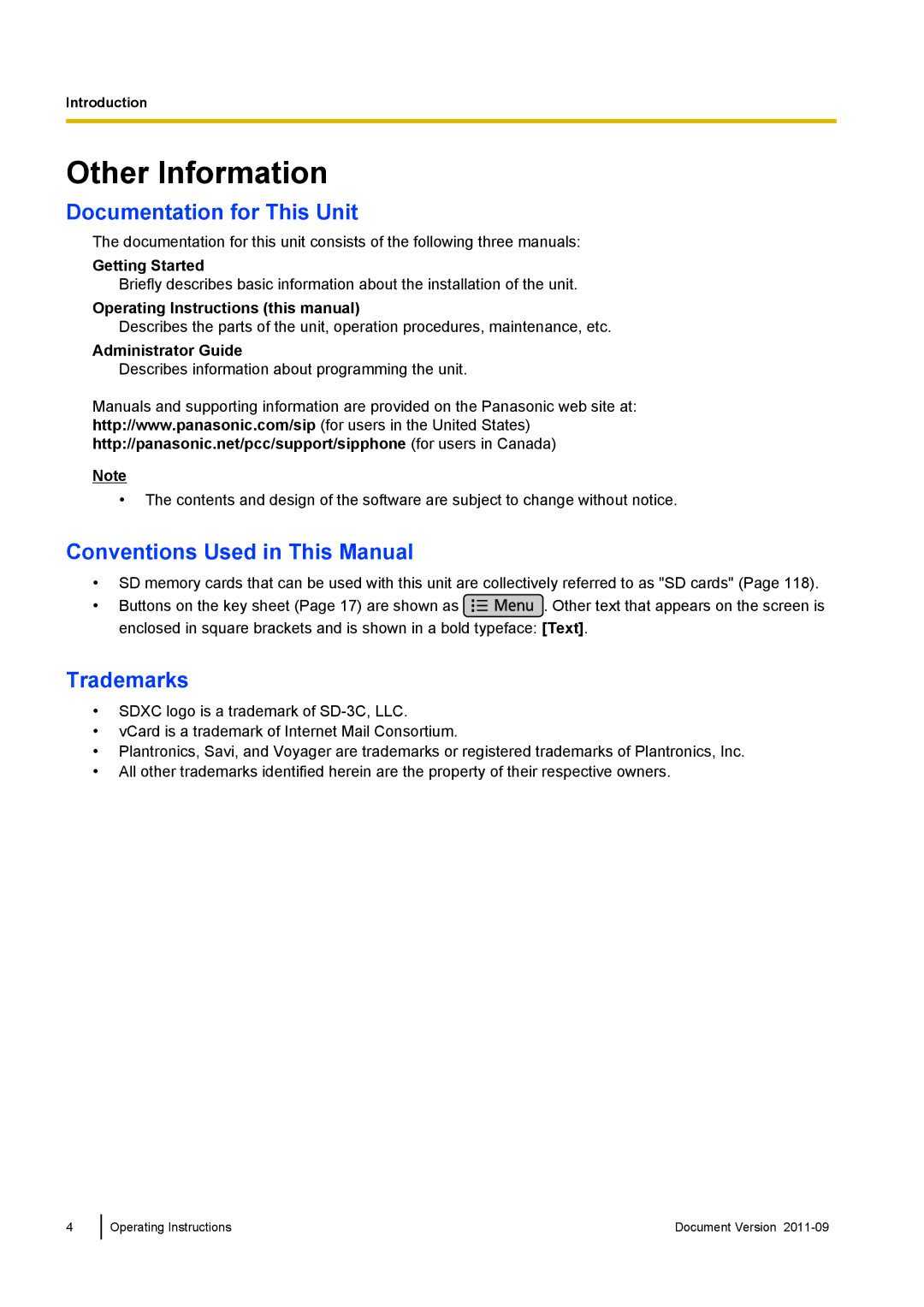 Panasonic KX-UT670 Other Information, Documentation for This Unit, Conventions Used in This Manual, Trademarks 