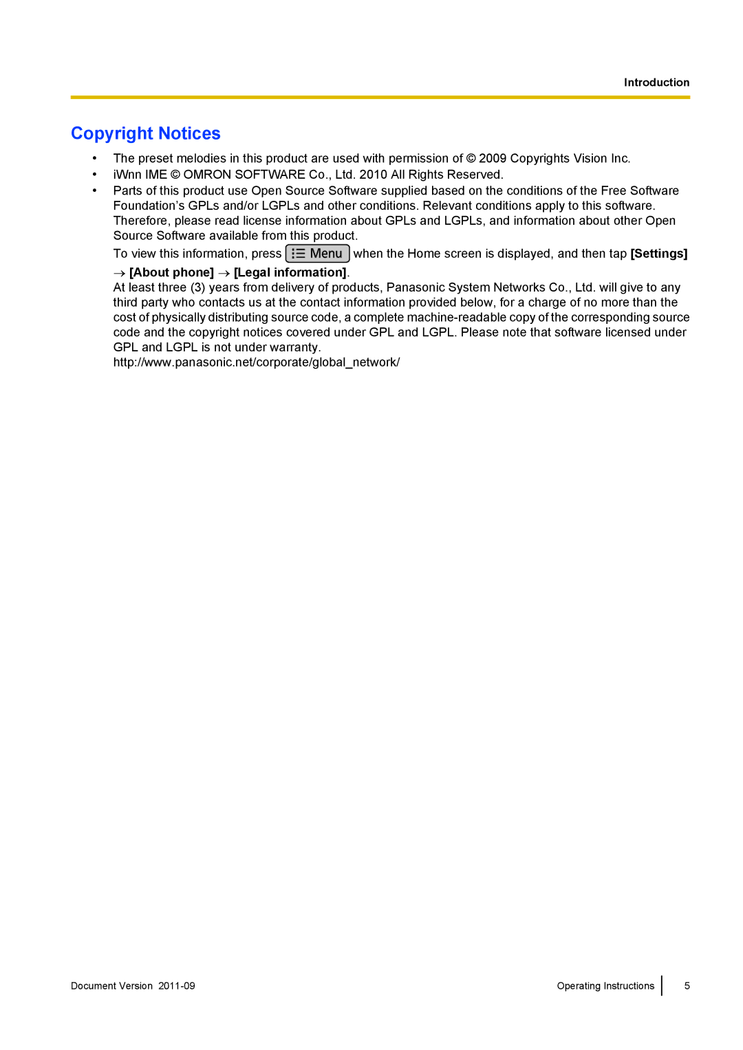 Panasonic KX-UT670 operating instructions Copyright Notices, → About phone → Legal information 