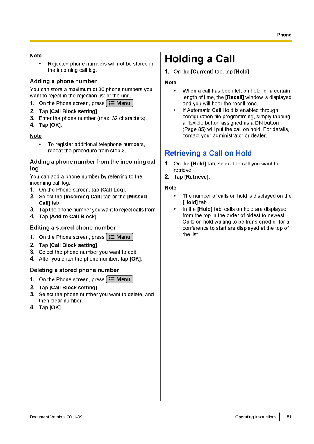 Panasonic KX-UT670 operating instructions Holding a Call, Retrieving a Call on Hold 