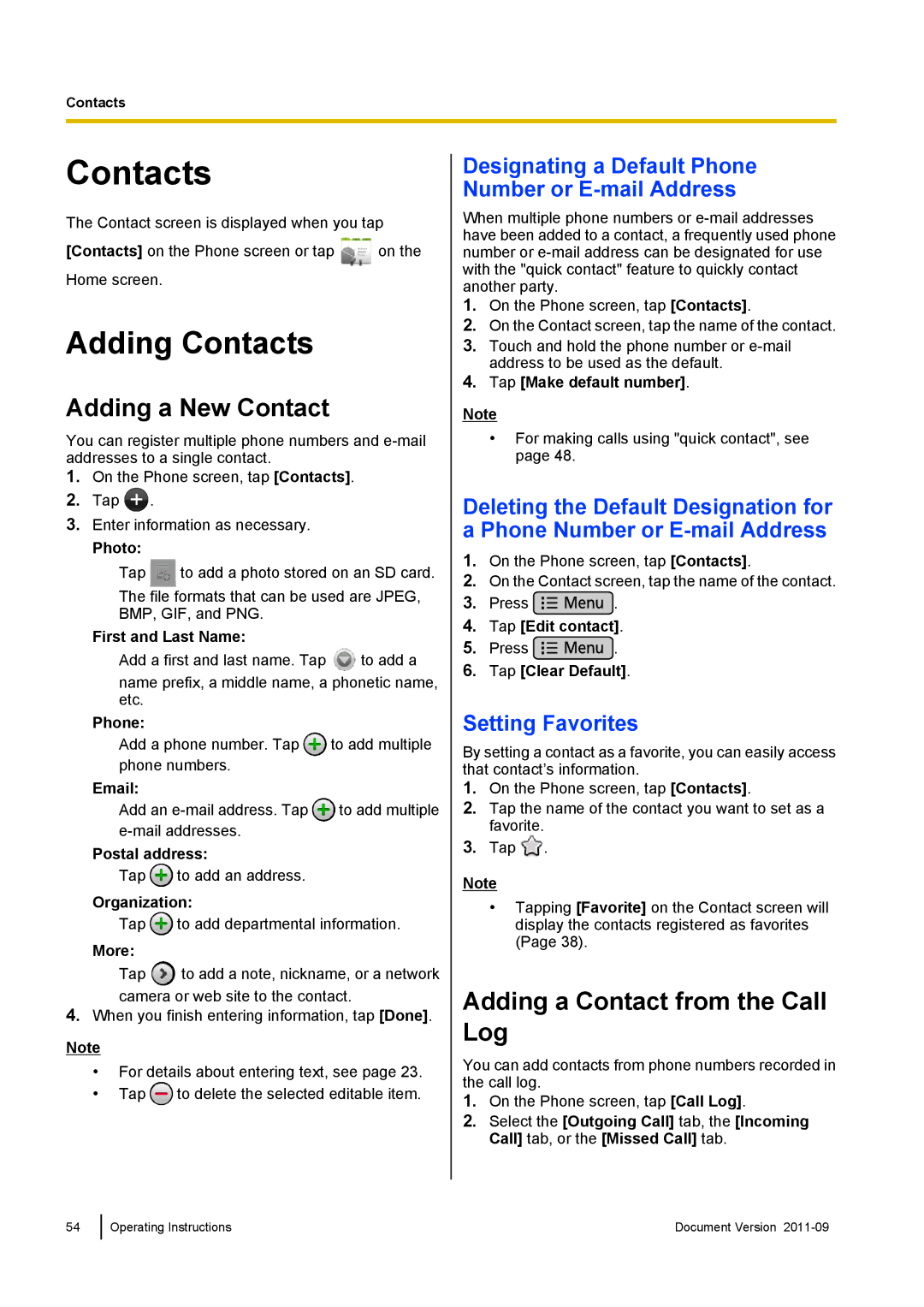 Panasonic KX-UT670 Adding Contacts, Adding a New Contact, Adding a Contact from the Call Log, Setting Favorites 