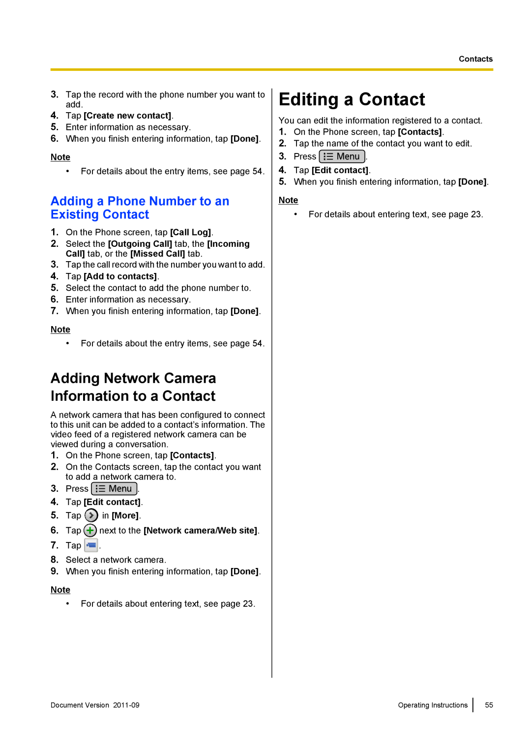 Panasonic KX-UT670 Editing a Contact, Adding Network Camera Information to a Contact, Tap Create new contact 