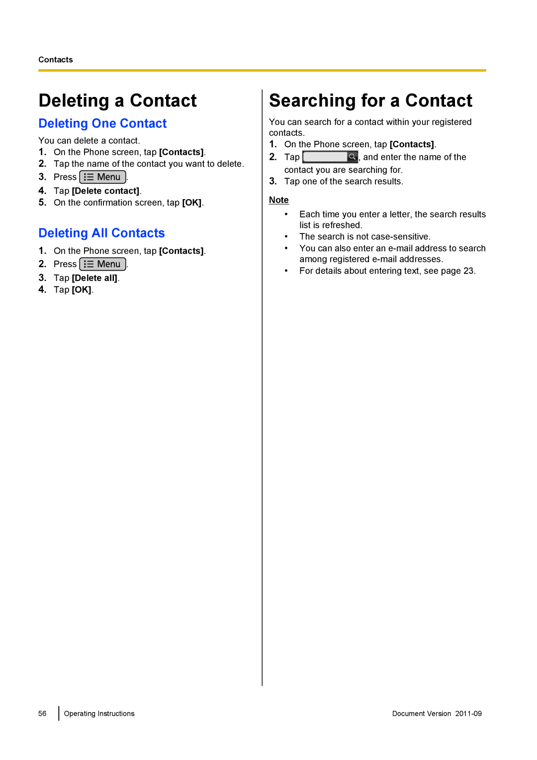 Panasonic KX-UT670 Deleting a Contact, Searching for a Contact, Deleting One Contact, Deleting All Contacts 