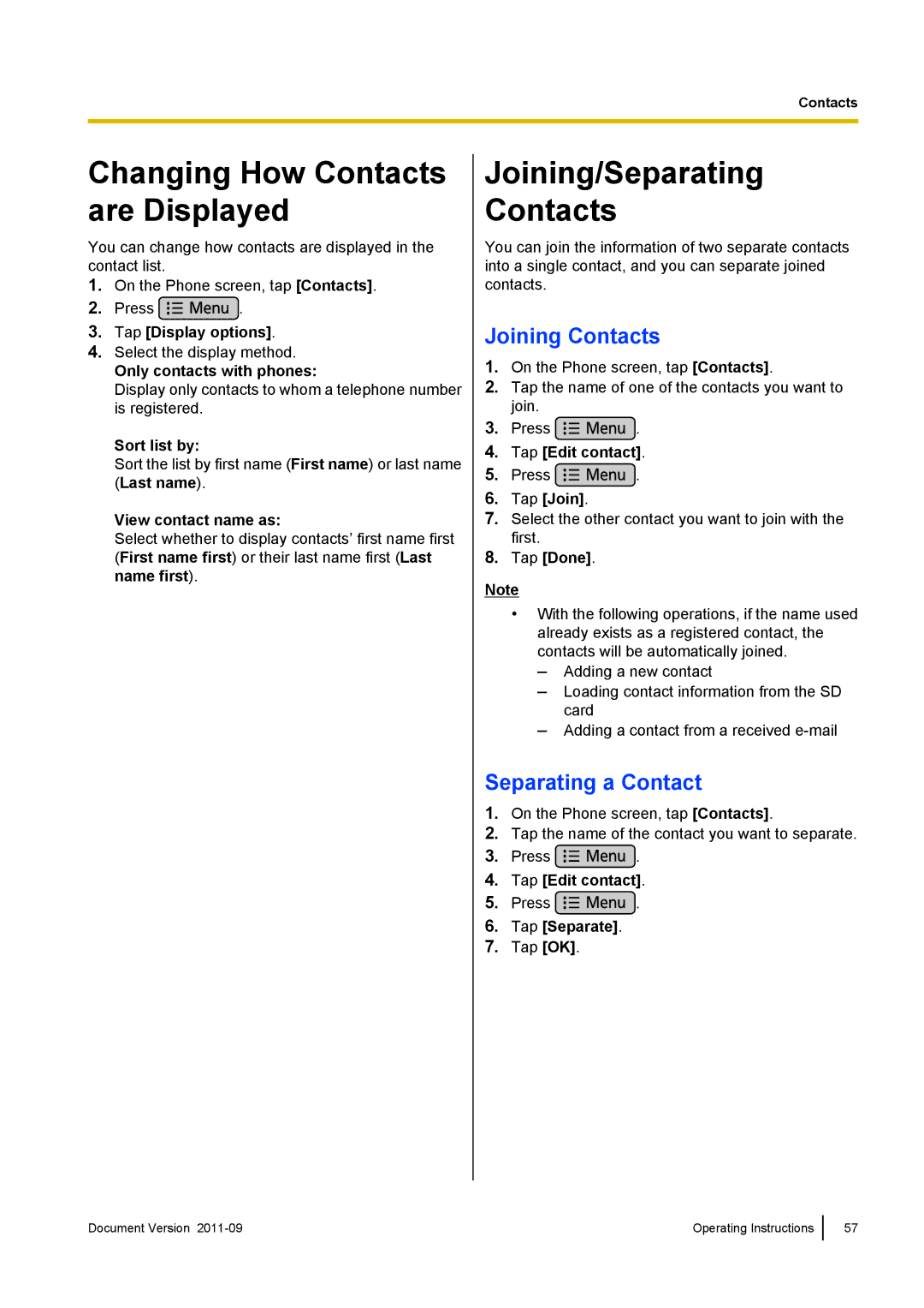 Panasonic KX-UT670 Changing How Contacts are Displayed, Joining/Separating Contacts, Joining Contacts 