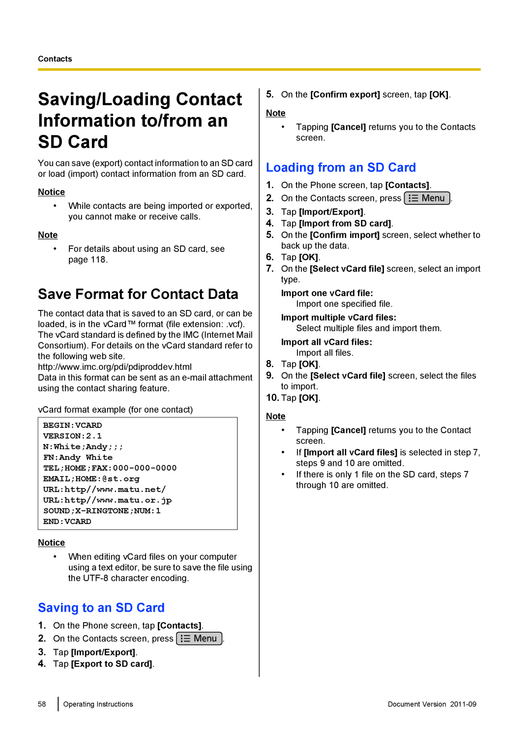 Panasonic KX-UT670 Saving/Loading Contact Information to/from an SD Card, Save Format for Contact Data 