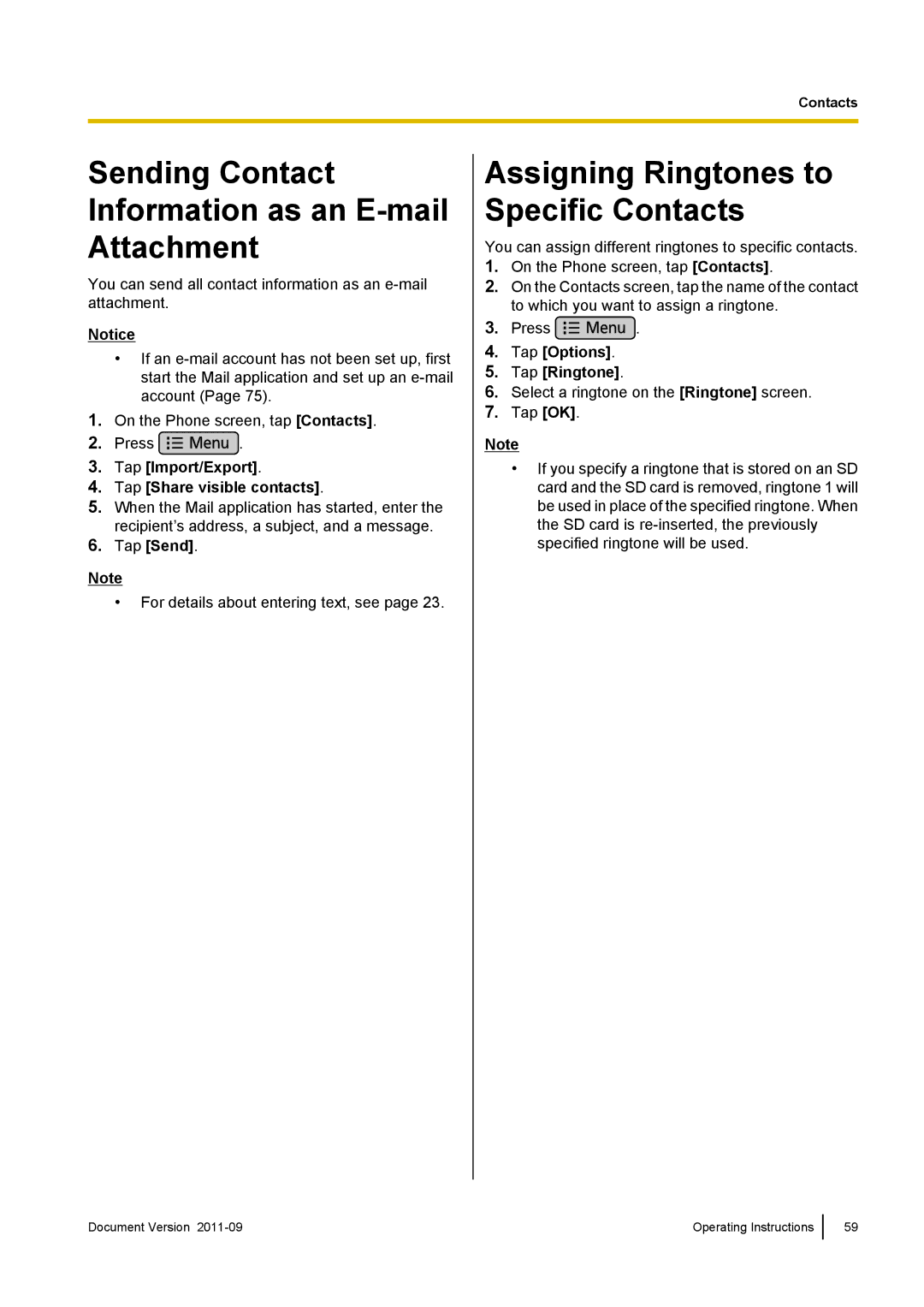 Panasonic KX-UT670 Sending Contact Information as an E-mail Attachment, Assigning Ringtones to Specific Contacts, Tap Send 