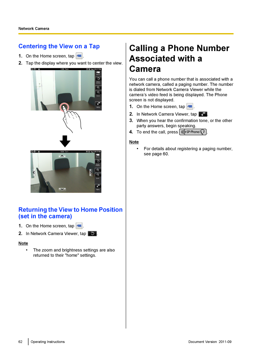 Panasonic KX-UT670 operating instructions Calling a Phone Number Associated with a Camera, Centering the View on a Tap 