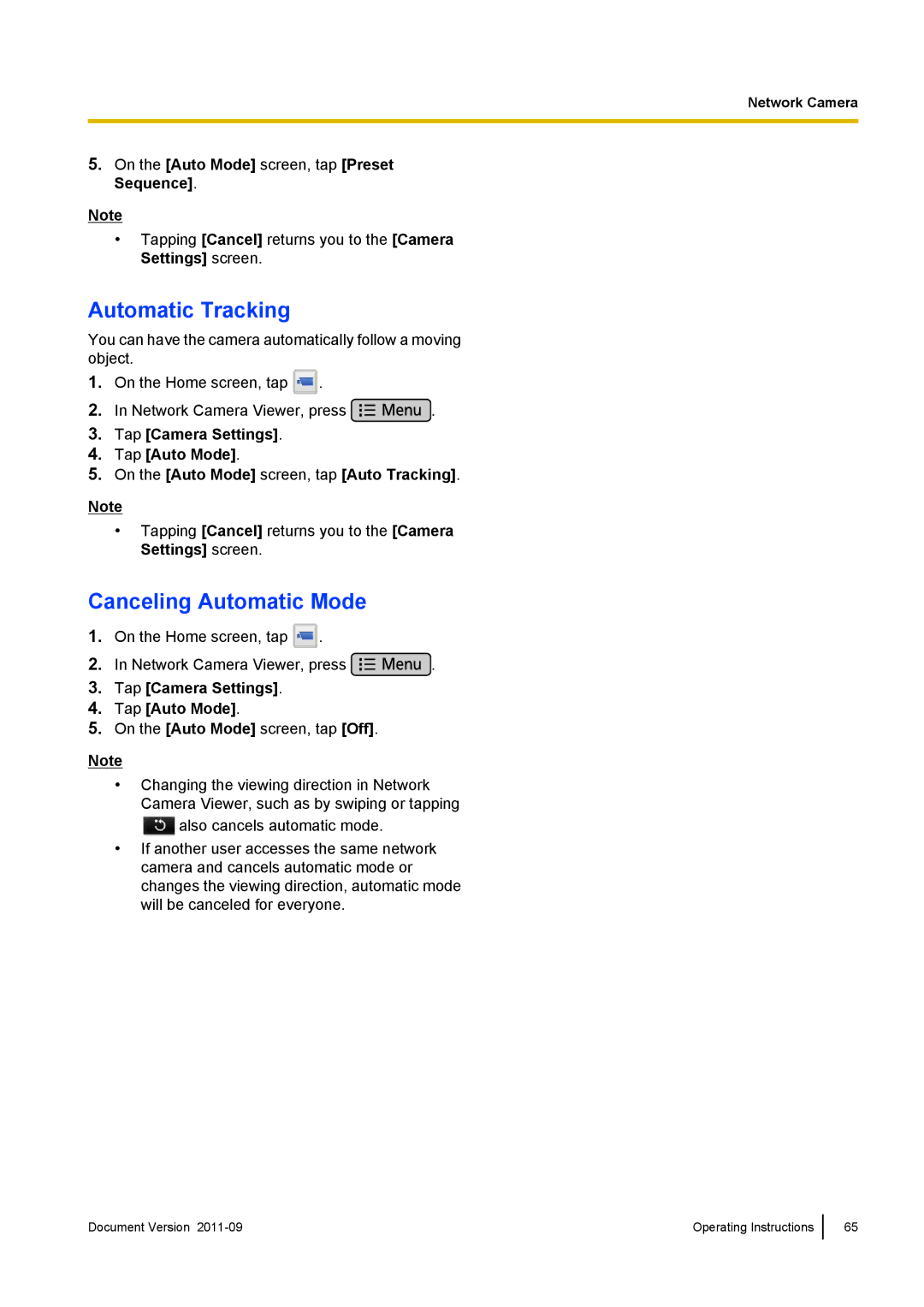 Panasonic KX-UT670 Automatic Tracking, Canceling Automatic Mode, On the Auto Mode screen, tap Preset Sequence 