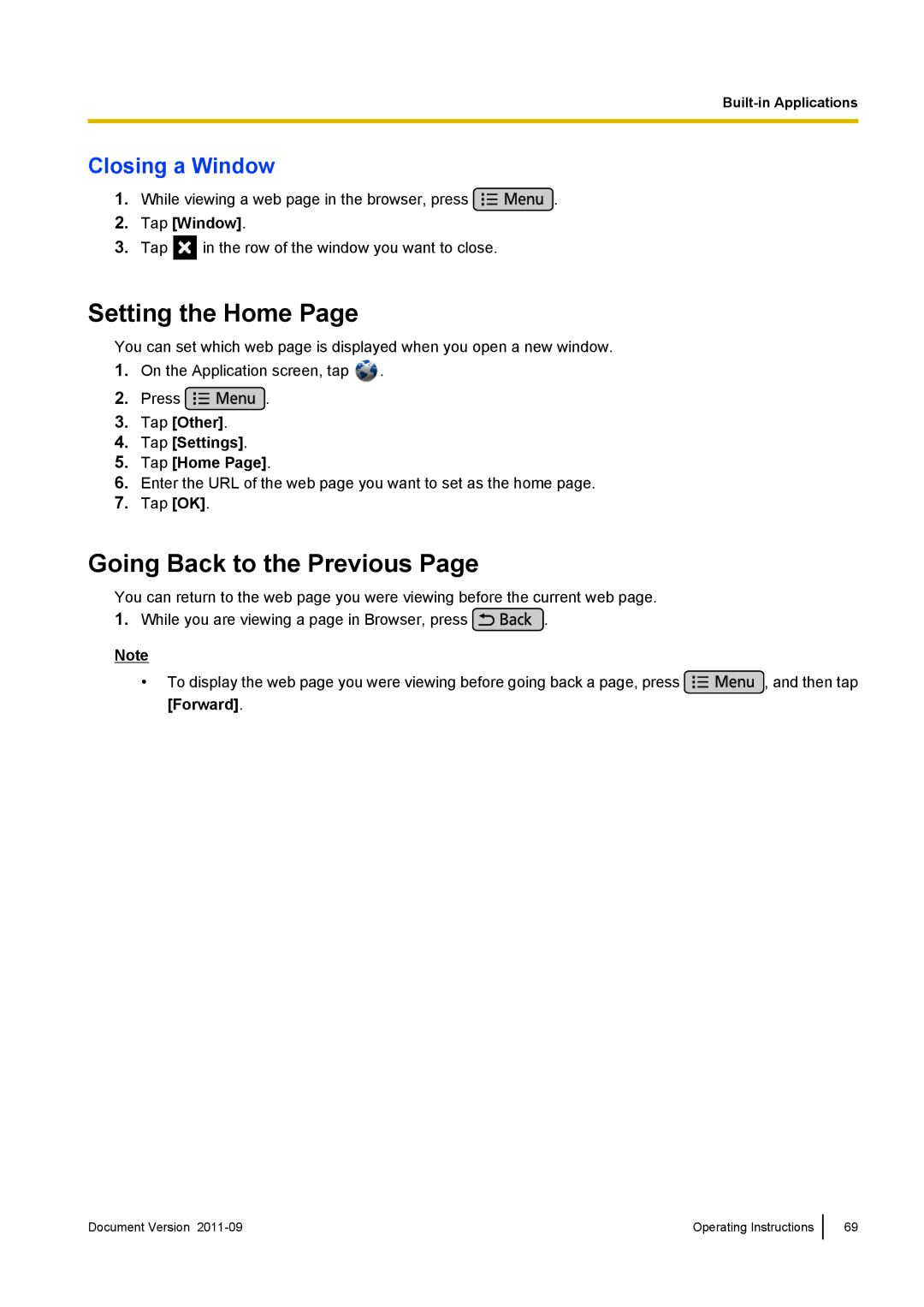 Panasonic KX-UT670 operating instructions Setting the Home, Going Back to the Previous, Closing a Window, Tap Window 