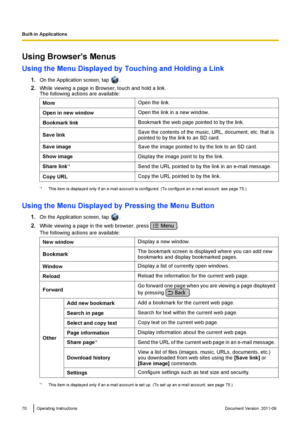 Panasonic KX-UT670 operating instructions Using Browser’s Menus, Using the Menu Displayed by Touching and Holding a Link 