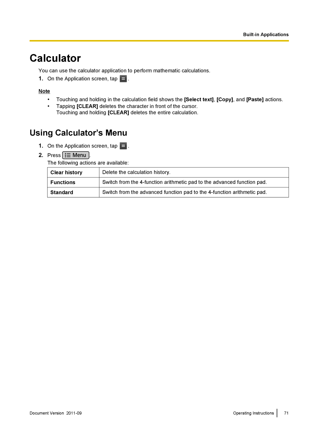 Panasonic KX-UT670 operating instructions Using Calculator’s Menu, Clear history Functions Standard 