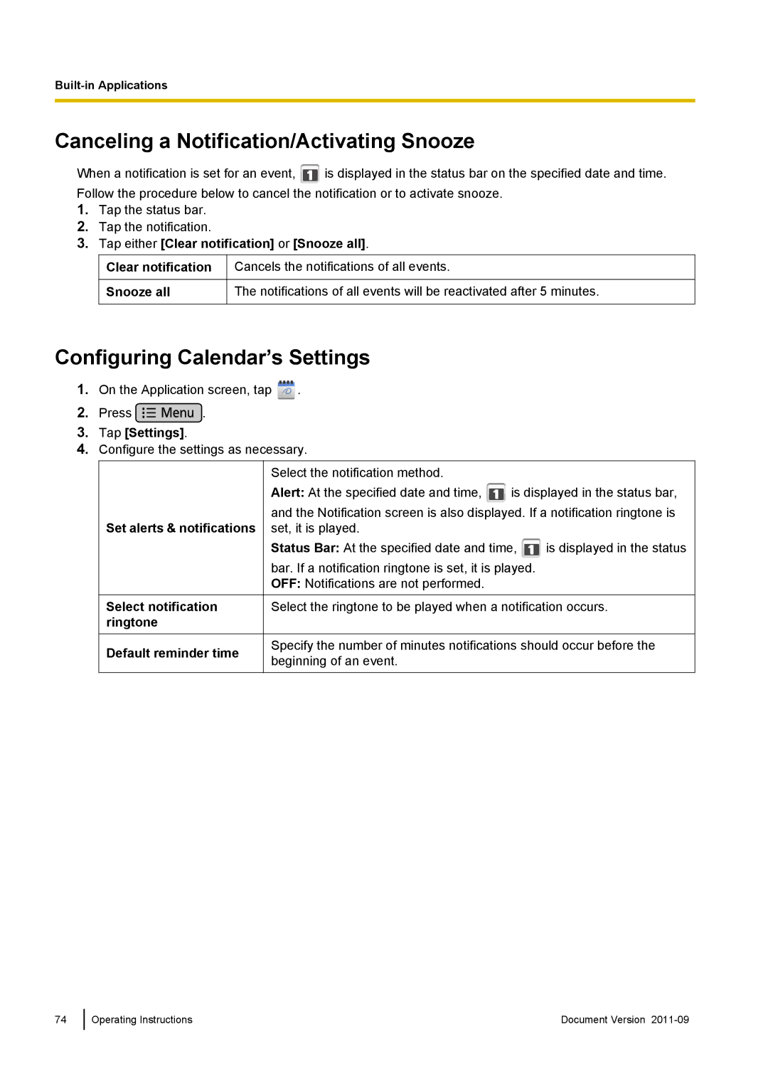 Panasonic KX-UT670 operating instructions Canceling a Notification/Activating Snooze, Configuring Calendar’s Settings 