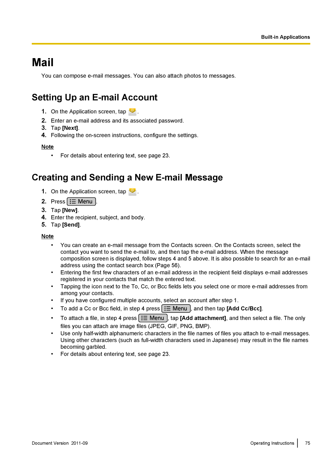 Panasonic KX-UT670 Mail, Setting Up an E-mail Account, Creating and Sending a New E-mail Message, Tap Next 