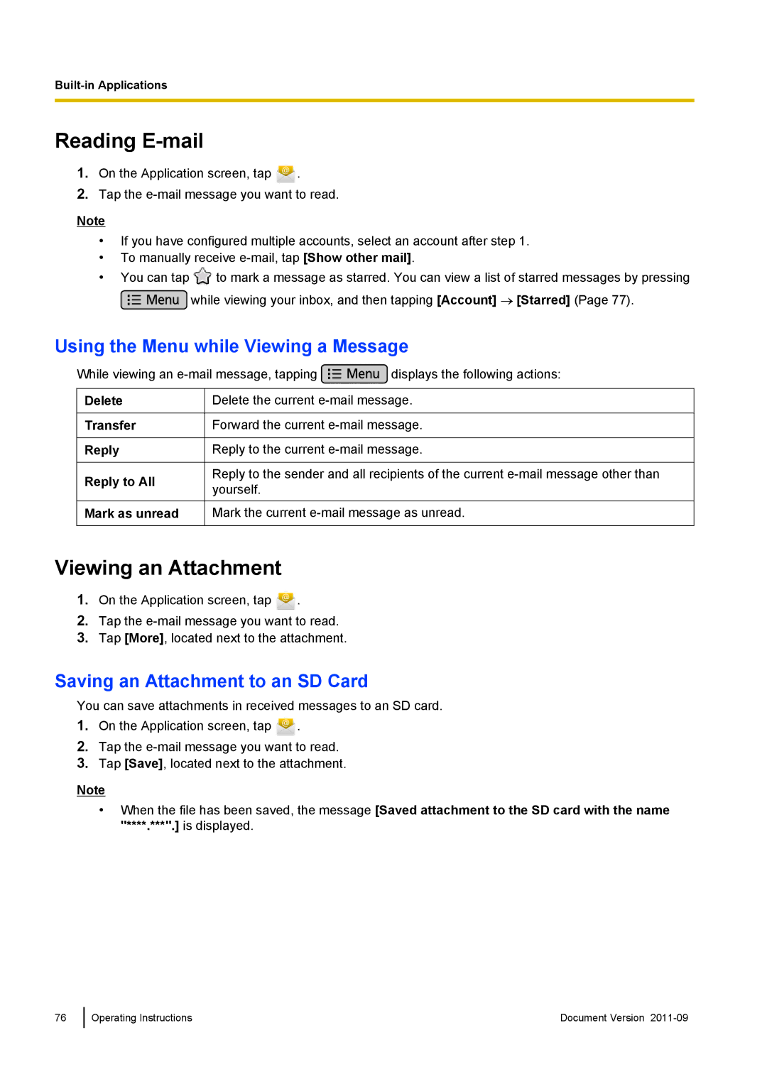 Panasonic KX-UT670 operating instructions Reading E-mail, Viewing an Attachment, Using the Menu while Viewing a Message 