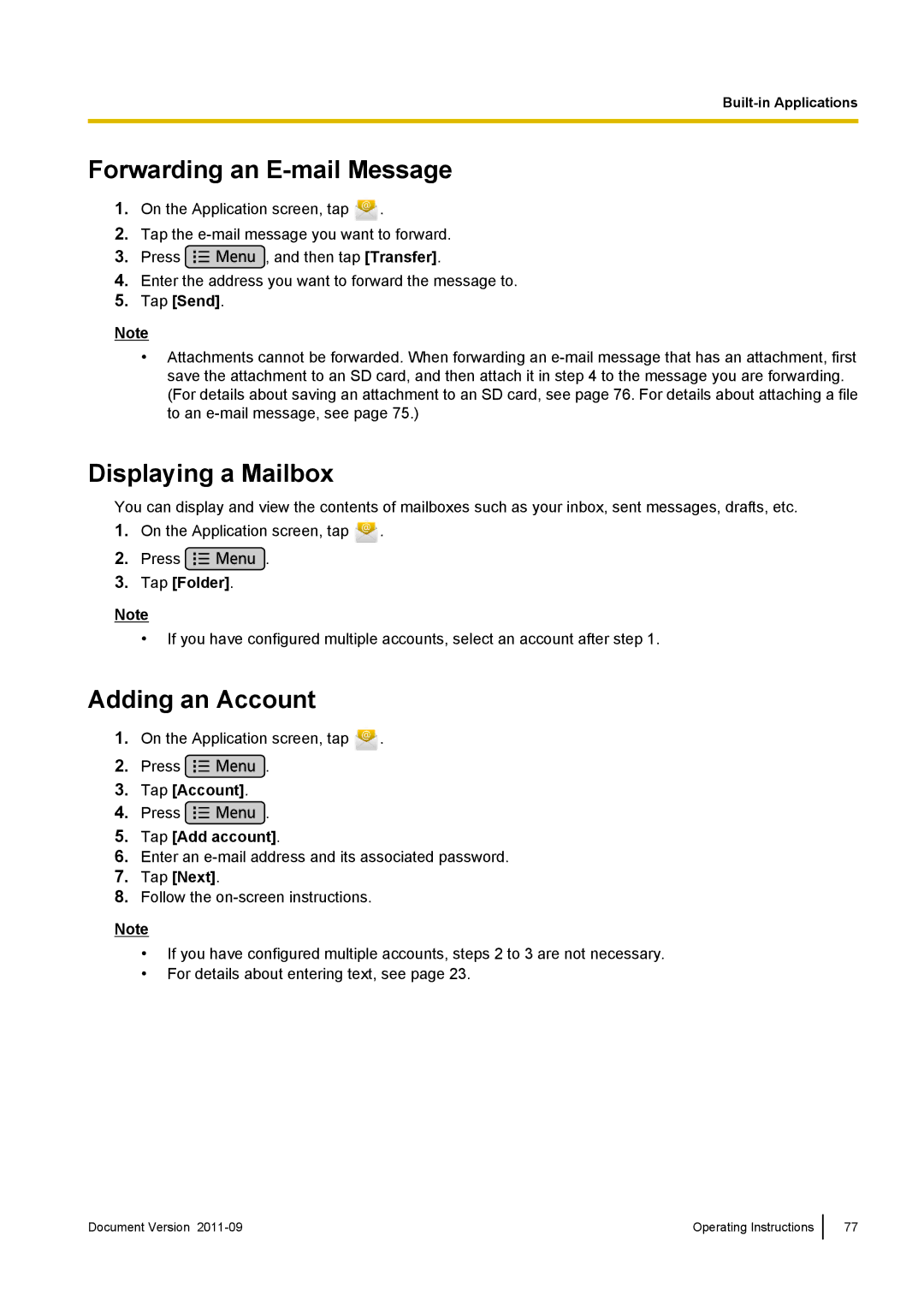 Panasonic KX-UT670 operating instructions Forwarding an E-mail Message, Displaying a Mailbox, Adding an Account 